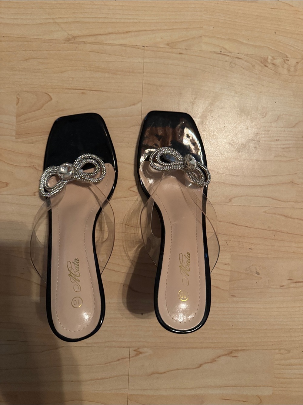 Clear Strap Black Patent Slide Sandals with Crystal Accent